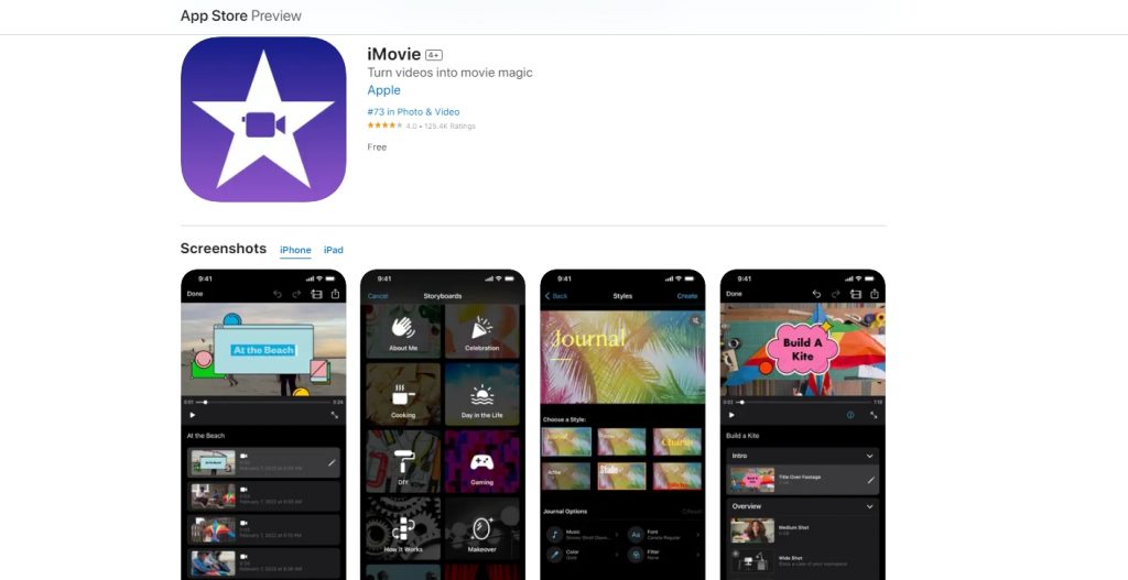 the iMovie app in app store