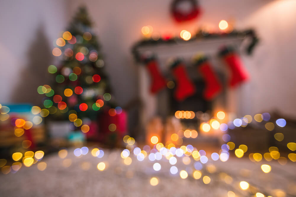 living room with Christmas colorful lights