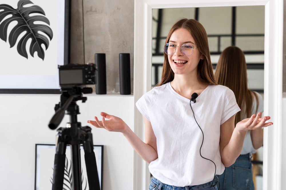 young video blogger recording with a professional camera